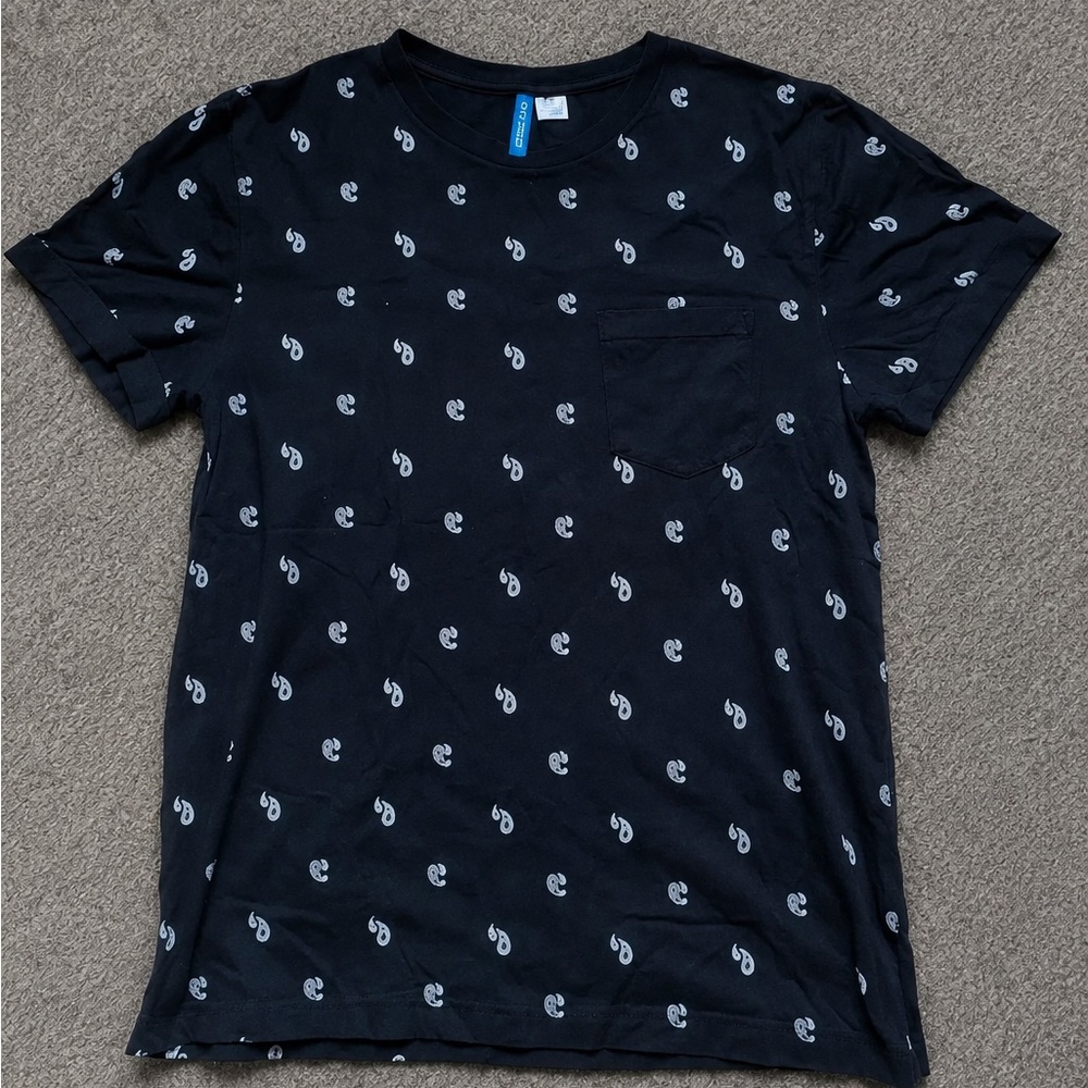 H&M Black Short-Sleeve Pocket Tee with White Paisley Dots